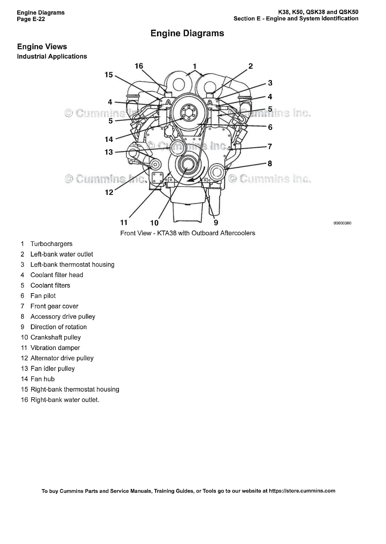 Scanned front view of Cummins KTA38 engine with numbered callouts